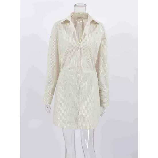 Buttoned Striped Flared Sleeves Long Sleeves Lapel Shirt Dress Mini Dresses Buttoned Striped Flared Sleeves Long Sleeves Lapel Shirt Dress Mini Dresses