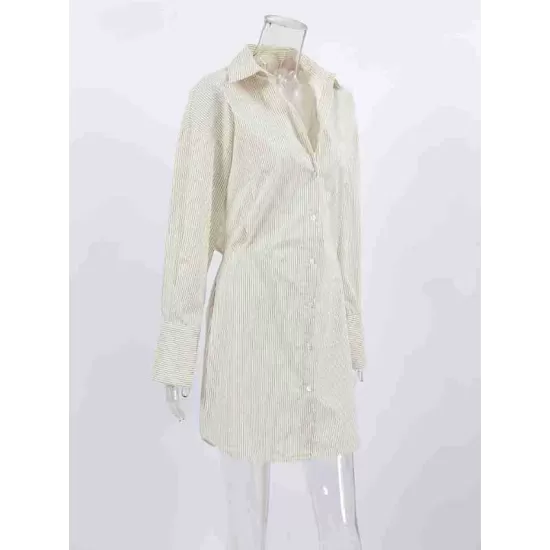 Buttoned Striped Flared Sleeves Long Sleeves Lapel Shirt Dress Mini Dresses Buttoned Striped Flared Sleeves Long Sleeves Lapel Shirt Dress Mini Dresses