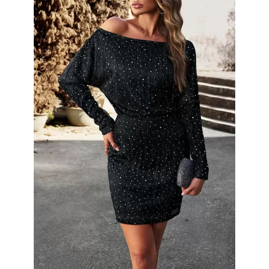 Shiny Split-Joint Bodycon Long Sleeves One-Shoulder Mini Dresses Shiny Split-Joint Bodycon Long Sleeves One-Shoulder Mini Dresses