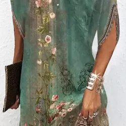 Batwing Sleeves Loose Flower Print Round-Neck Mini Dresses