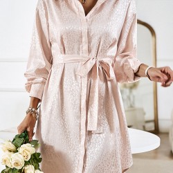 Buttoned Leopard Tied Waist Long Sleeves Loose Lapel Shirt Dress Mini Dresses