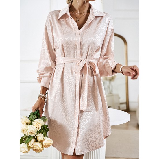 Buttoned Leopard Tied Waist Long Sleeves Loose Lapel Shirt Dress Mini Dresses Buttoned Leopard Tied Waist Long Sleeves Loose Lapel Shirt Dress Mini Dresses