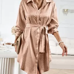 Buttoned Leopard Tied Waist Long Sleeves Loose Lapel Shirt Dress Mini Dresses