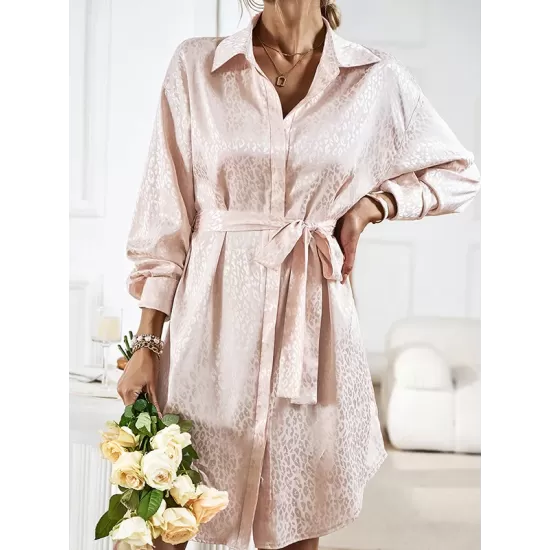 Buttoned Leopard Tied Waist Long Sleeves Loose Lapel Shirt Dress Mini Dresses Buttoned Leopard Tied Waist Long Sleeves Loose Lapel Shirt Dress Mini Dresses