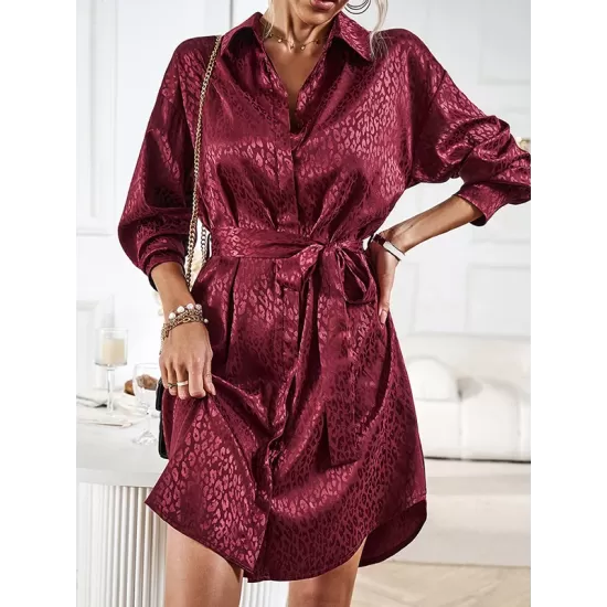 Buttoned Leopard Tied Waist Long Sleeves Loose Lapel Shirt Dress Mini Dresses Buttoned Leopard Tied Waist Long Sleeves Loose Lapel Shirt Dress Mini Dresses