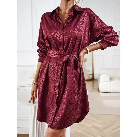 Buttoned Leopard Tied Waist Long Sleeves Loose Lapel Shirt Dress Mini Dresses Buttoned Leopard Tied Waist Long Sleeves Loose Lapel Shirt Dress Mini Dresses