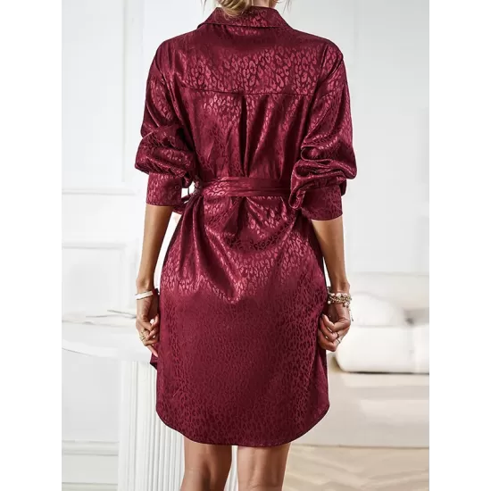 Buttoned Leopard Tied Waist Long Sleeves Loose Lapel Shirt Dress Mini Dresses Buttoned Leopard Tied Waist Long Sleeves Loose Lapel Shirt Dress Mini Dresses