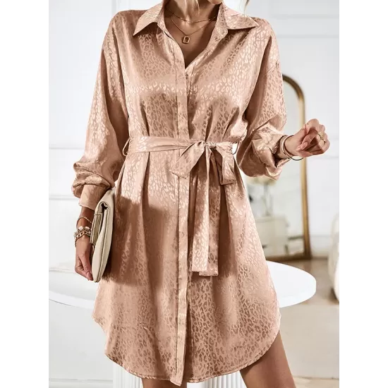 Buttoned Leopard Tied Waist Long Sleeves Loose Lapel Shirt Dress Mini Dresses Buttoned Leopard Tied Waist Long Sleeves Loose Lapel Shirt Dress Mini Dresses