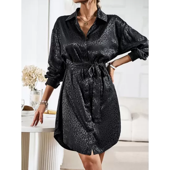 Buttoned Leopard Tied Waist Long Sleeves Loose Lapel Shirt Dress Mini Dresses Buttoned Leopard Tied Waist Long Sleeves Loose Lapel Shirt Dress Mini Dresses