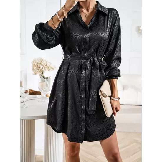 Buttoned Leopard Tied Waist Long Sleeves Loose Lapel Shirt Dress Mini Dresses Buttoned Leopard Tied Waist Long Sleeves Loose Lapel Shirt Dress Mini Dresses