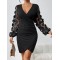 Buttoned Elasticity Mesh Polka-Dot Solid Color Bodycon High Waisted Deep V-Neck Mini Dresses
