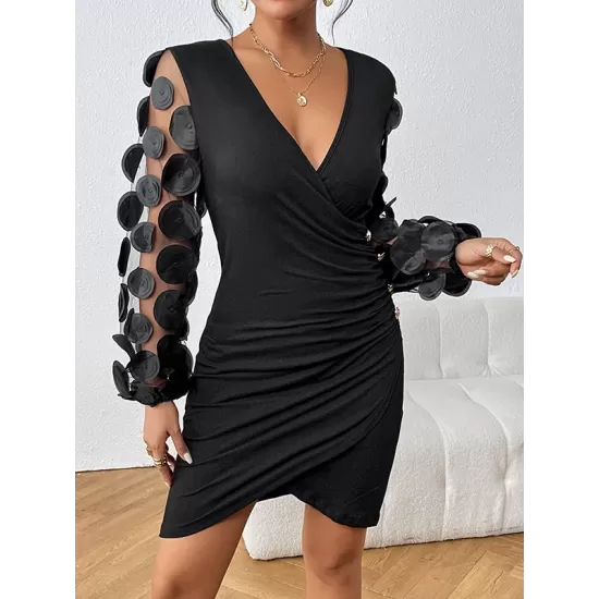 Buttoned Elasticity Mesh Polka-Dot Solid Color Bodycon High Waisted Deep V-Neck Mini Dresses Buttoned Elasticity Mesh Polka-Dot Solid Color Bodycon High Waisted Deep V-Neck Mini Dresses