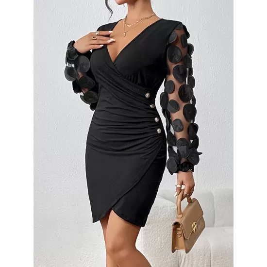 Buttoned Elasticity Mesh Polka-Dot Solid Color Bodycon High Waisted Deep V-Neck Mini Dresses Buttoned Elasticity Mesh Polka-Dot Solid Color Bodycon High Waisted Deep V-Neck Mini Dresses