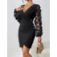 Buttoned Elasticity Mesh Polka-Dot Solid Color Bodycon High Waisted Deep V-Neck Mini Dresses Buttoned Elasticity Mesh Polka-Dot Solid Color Bodycon High Waisted Deep V-Neck Mini Dresses