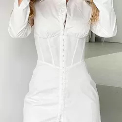 Buckle Solid Color Split-Front High Waisted Long Sleeves Lapel Mini Dresses