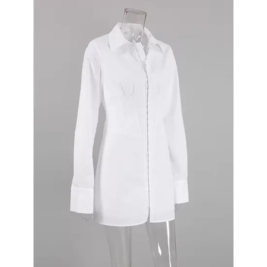 Buckle Solid Color Split-Front High Waisted Long Sleeves Lapel Mini Dresses Buckle Solid Color Split-Front High Waisted Long Sleeves Lapel Mini Dresses