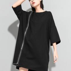 Original Black Zipper Batwing Sleeve Round-Neck Mini Dress