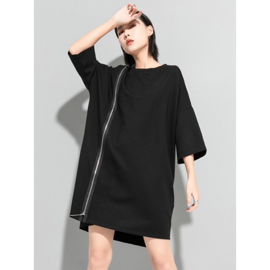 Original Black Zipper Batwing Sleeve Round-Neck Mini Dress Original Black Zipper Batwing Sleeve Round-Neck Mini Dress