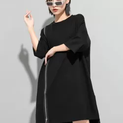 Original Black Zipper Batwing Sleeve Round-Neck Mini Dress