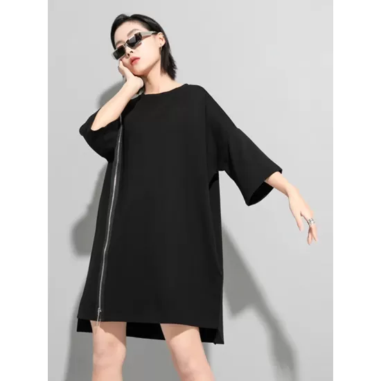 Original Black Zipper Batwing Sleeve Round-Neck Mini Dress Original Black Zipper Batwing Sleeve Round-Neck Mini Dress