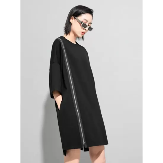 Original Black Zipper Batwing Sleeve Round-Neck Mini Dress Original Black Zipper Batwing Sleeve Round-Neck Mini Dress