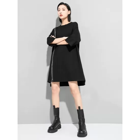 Original Black Zipper Batwing Sleeve Round-Neck Mini Dress Original Black Zipper Batwing Sleeve Round-Neck Mini Dress