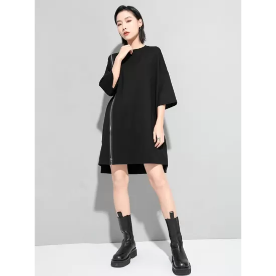 Original Black Zipper Batwing Sleeve Round-Neck Mini Dress Original Black Zipper Batwing Sleeve Round-Neck Mini Dress