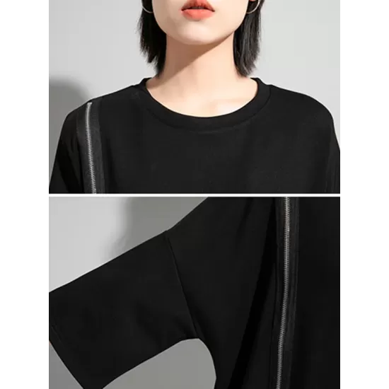 Original Black Zipper Batwing Sleeve Round-Neck Mini Dress Original Black Zipper Batwing Sleeve Round-Neck Mini Dress