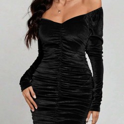 Pleated Solid Color Velvet Bodycon High Waisted Off-The-Shoulder Mini Dresses