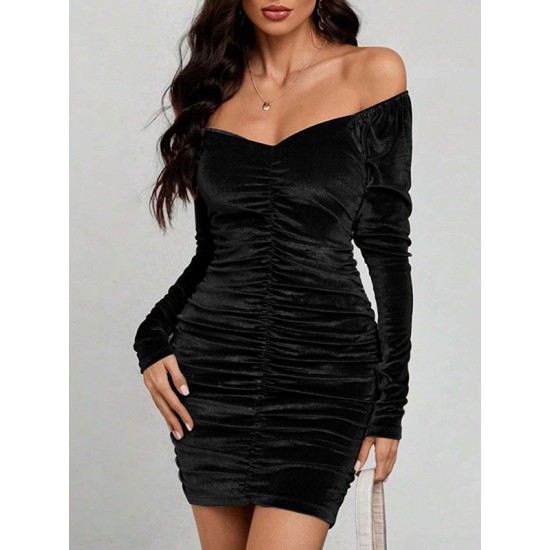 Pleated Solid Color Velvet Bodycon High Waisted Off-The-Shoulder Mini Dresses Pleated Solid Color Velvet Bodycon High Waisted Off-The-Shoulder Mini Dresses