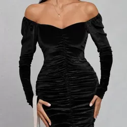 Pleated Solid Color Velvet Bodycon High Waisted Off-The-Shoulder Mini Dresses