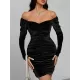 Pleated Solid Color Velvet Bodycon High Waisted Off-The-Shoulder Mini Dresses Pleated Solid Color Velvet Bodycon High Waisted Off-The-Shoulder Mini Dresses