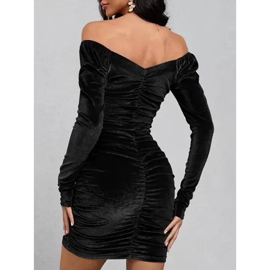 Pleated Solid Color Velvet Bodycon High Waisted Off-The-Shoulder Mini Dresses Pleated Solid Color Velvet Bodycon High Waisted Off-The-Shoulder Mini Dresses