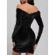 Pleated Solid Color Velvet Bodycon High Waisted Off-The-Shoulder Mini Dresses Pleated Solid Color Velvet Bodycon High Waisted Off-The-Shoulder Mini Dresses