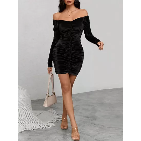 Pleated Solid Color Velvet Bodycon High Waisted Off-The-Shoulder Mini Dresses Pleated Solid Color Velvet Bodycon High Waisted Off-The-Shoulder Mini Dresses