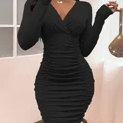 Pleated Solid Color High Waisted Long Sleeves Deep V-Neck Mini Dresses