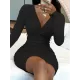 Pleated Solid Color High Waisted Long Sleeves Deep V-Neck Mini Dresses Pleated Solid Color High Waisted Long Sleeves Deep V-Neck Mini Dresses