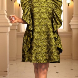 Flower Print Ruffled Zipper High Waisted Loose Round-Neck Mini Dresses