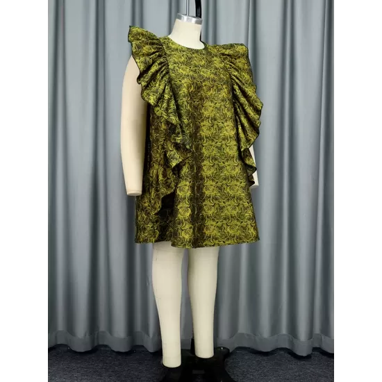 Flower Print Ruffled Zipper High Waisted Loose Round-Neck Mini Dresses Flower Print Ruffled Zipper High Waisted Loose Round-Neck Mini Dresses
