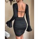 Backless Pleated Solid Color Tied Bodycon Flared Sleeves Square-Neck Mini Dresses Backless Pleated Solid Color Tied Bodycon Flared Sleeves Square-Neck Mini Dresses