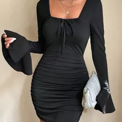 Backless Pleated Solid Color Tied Bodycon Flared Sleeves Square-Neck Mini Dresses