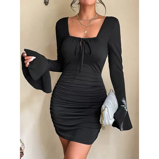 Backless Pleated Solid Color Tied Bodycon Flared Sleeves Square-Neck Mini Dresses Backless Pleated Solid Color Tied Bodycon Flared Sleeves Square-Neck Mini Dresses
