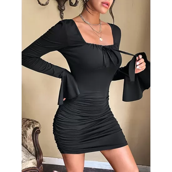 Backless Pleated Solid Color Tied Bodycon Flared Sleeves Square-Neck Mini Dresses Backless Pleated Solid Color Tied Bodycon Flared Sleeves Square-Neck Mini Dresses