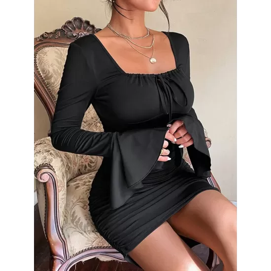 Backless Pleated Solid Color Tied Bodycon Flared Sleeves Square-Neck Mini Dresses Backless Pleated Solid Color Tied Bodycon Flared Sleeves Square-Neck Mini Dresses