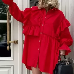 Asymmetric Buttoned Elasticity Layered Ruffled Solid Color High-Low Long Sleeves Lapel Mini Dresses