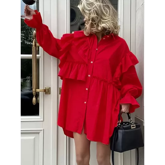 Asymmetric Buttoned Elasticity Layered Ruffled Solid Color High-Low Long Sleeves Lapel Mini Dresses Asymmetric Buttoned Elasticity Layered Ruffled Solid Color High-Low Long Sleeves Lapel Mini Dresses