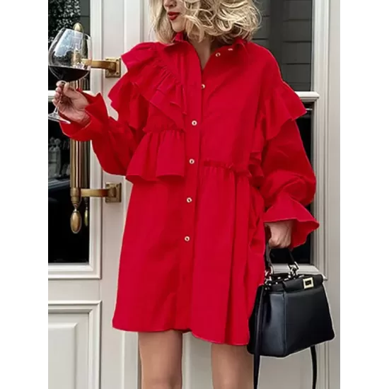 Asymmetric Buttoned Elasticity Layered Ruffled Solid Color High-Low Long Sleeves Lapel Mini Dresses Asymmetric Buttoned Elasticity Layered Ruffled Solid Color High-Low Long Sleeves Lapel Mini Dresses