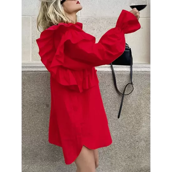 Asymmetric Buttoned Elasticity Layered Ruffled Solid Color High-Low Long Sleeves Lapel Mini Dresses Asymmetric Buttoned Elasticity Layered Ruffled Solid Color High-Low Long Sleeves Lapel Mini Dresses