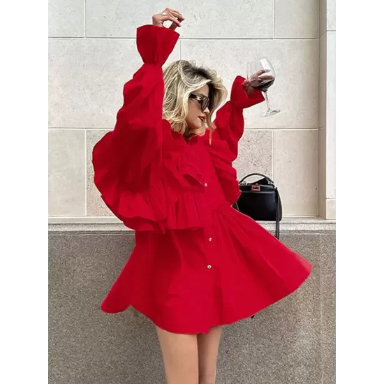 Asymmetric Buttoned Elasticity Layered Ruffled Solid Color High-Low Long Sleeves Lapel Mini Dresses Asymmetric Buttoned Elasticity Layered Ruffled Solid Color High-Low Long Sleeves Lapel Mini Dresses