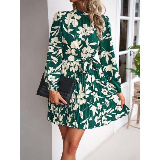 Flower Print Pleated Tied Waist High Waisted Long Sleeves Mock Neck Mini Dresses Flower Print Pleated Tied Waist High Waisted Long Sleeves Mock Neck Mini Dresses
